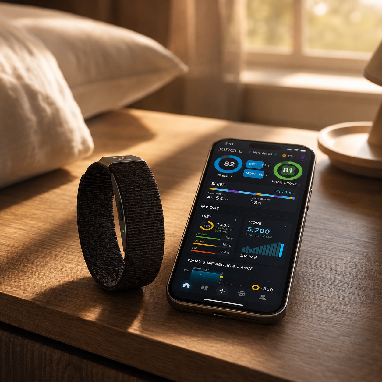 XIRCLE Band and the XIRCLE App on a bedside table